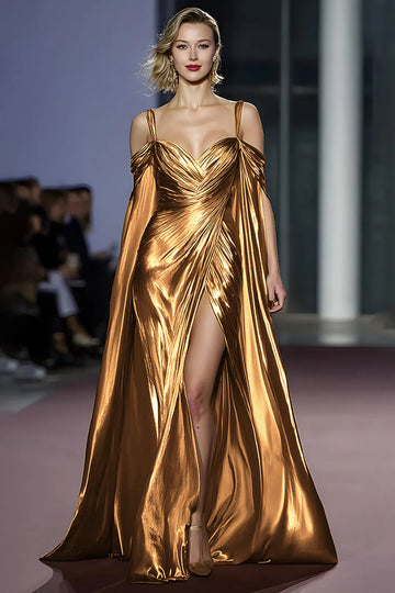 Coffee Metallic Cold Shoulder Long Gala Dress With Slit